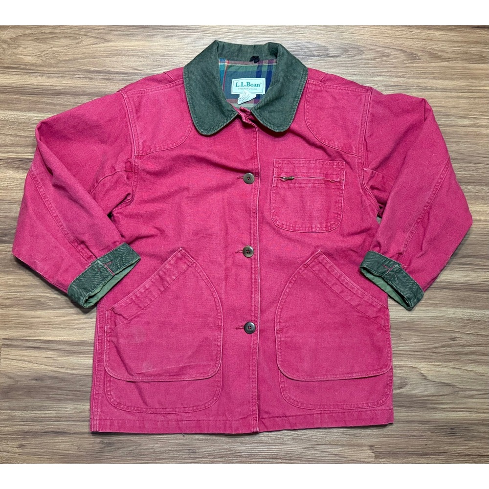 Vintage LL Bean Barn Chore Coat Trim Plaid Lined Canvas Jacket Red Sz S Petite